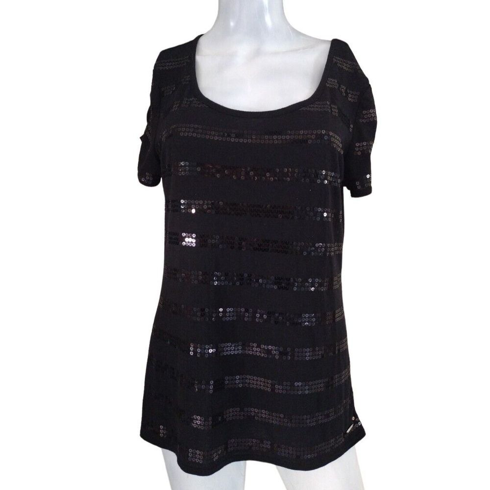 CANDIE'S Blouse Women XL Black Short Sleeve Top Sparkly‎ Sequin Party Striped